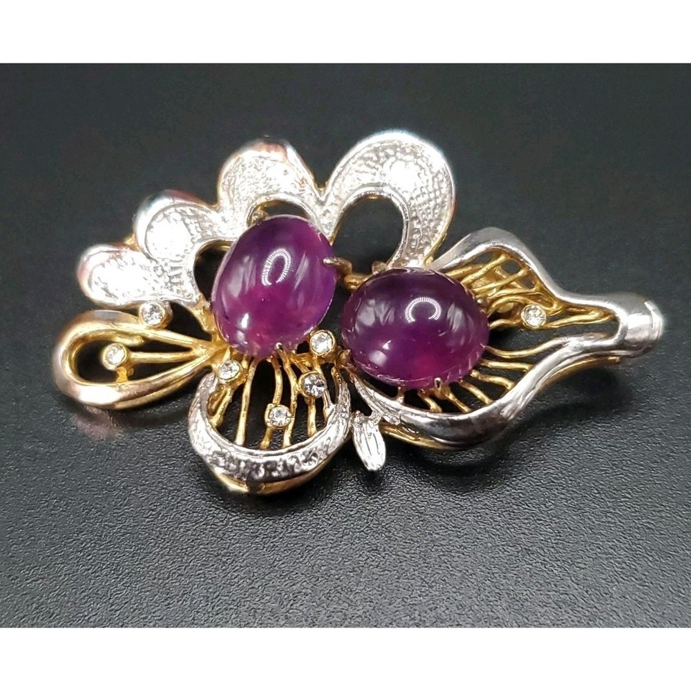 Vintage Abstract Floral Gold & Silver Toned Brooch/Pin With Purple Glass‎ Stones